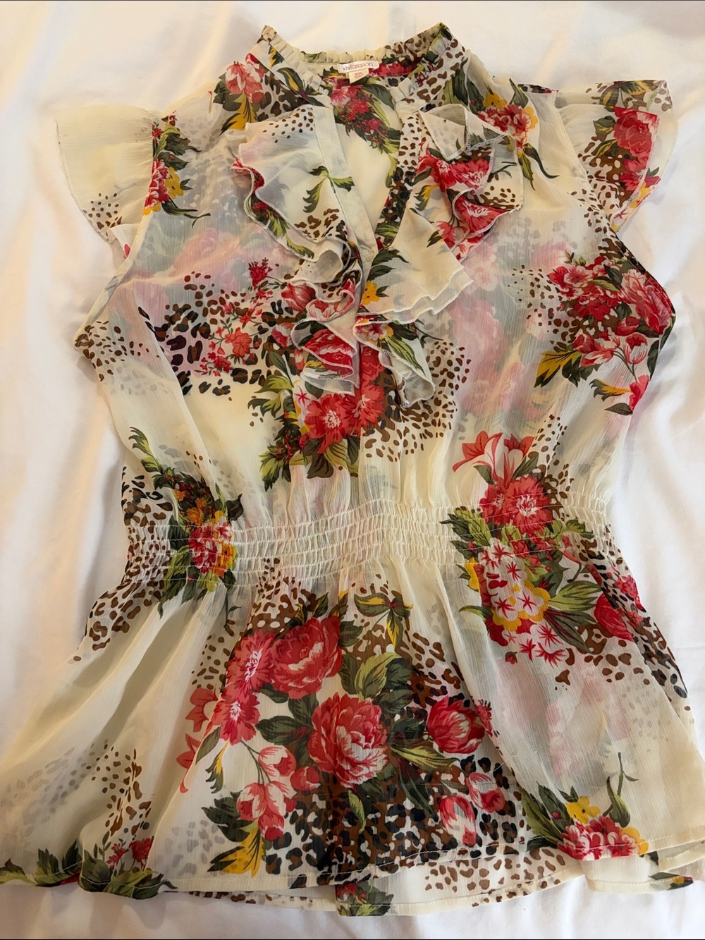 Xhilaration Ivory Sheer Floral Ruffle Blouse with Red & Green Accents